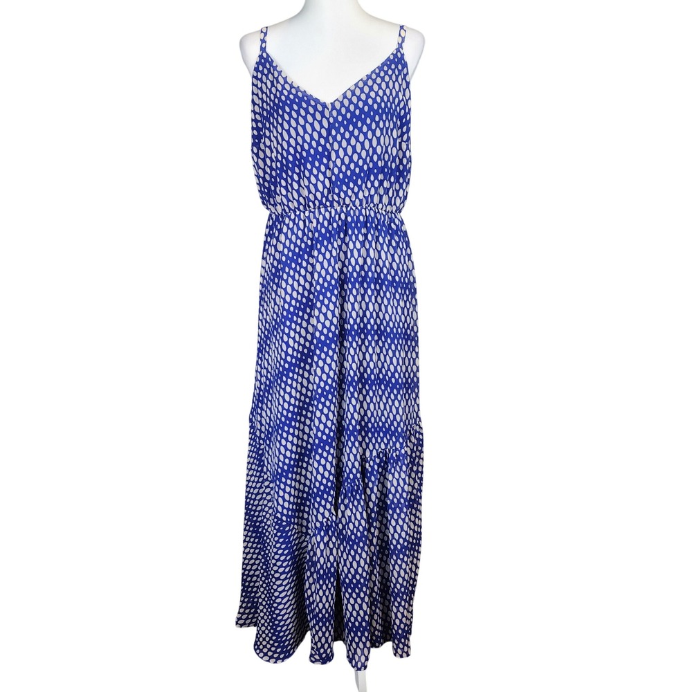 Lane Bryant Polka Dot Maxi Dress Womens 14W 16W Blue White Tear Drop Cross Back